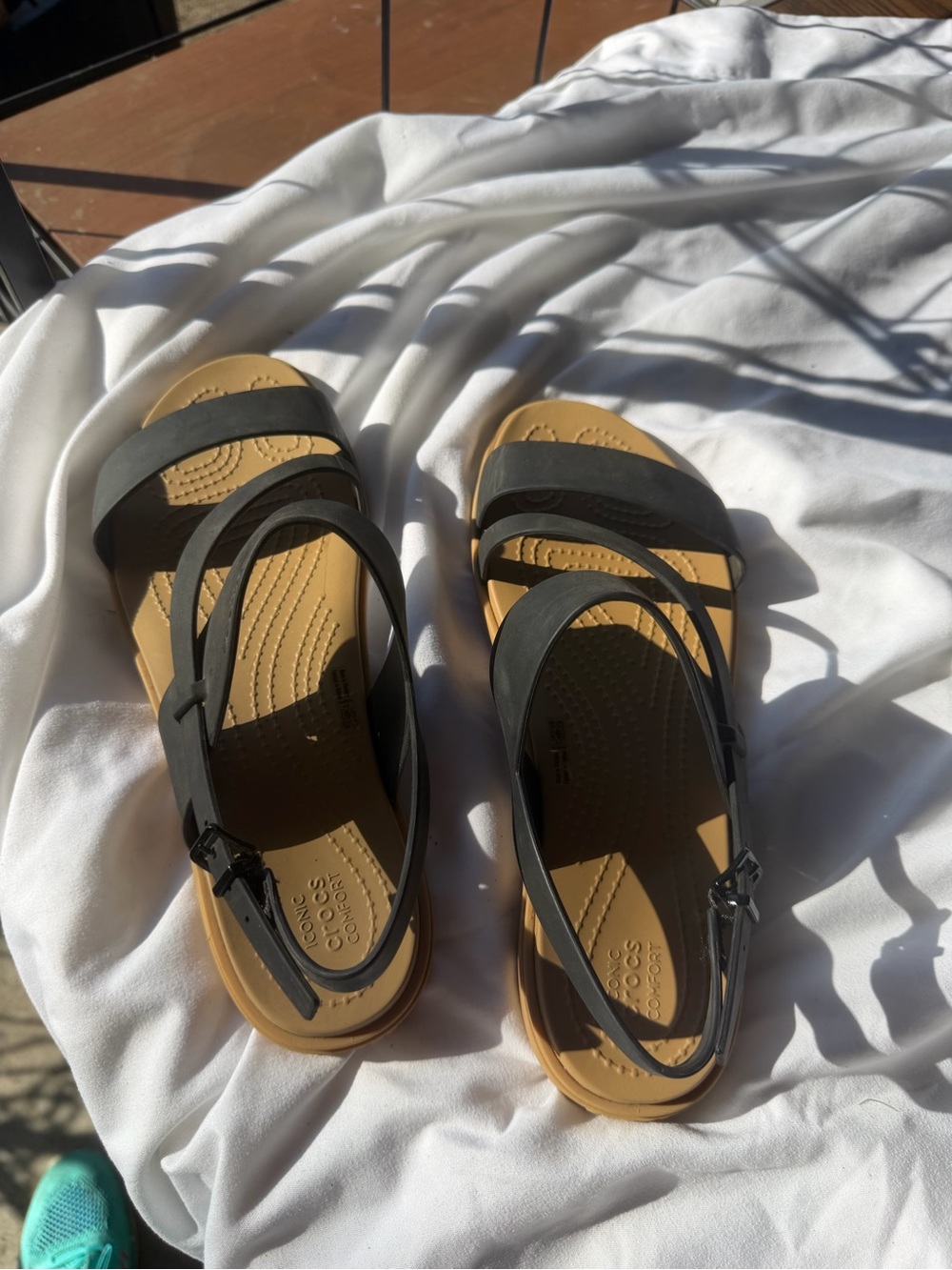 CROCS Black Strappy Sandals with Tan Footbed